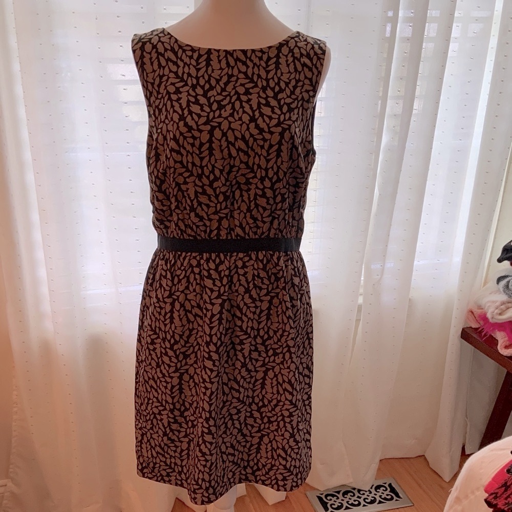 LOFT Black and Beige Leaf Pattern Midi Dress